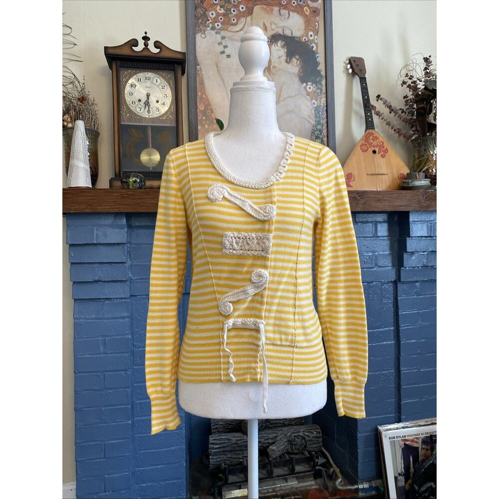 Anthropologie Sparrow M Yellow Striped Sweater Crochet Button Cardigan Y2K